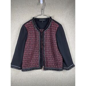 St John Blazer Jacket Womens 8 Red Black Boucle Chain Fringe Trim
